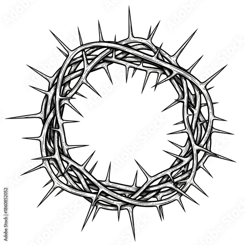 Detailed line art illustration of a crown of thorns, symbolizing sacrifice and suffering.