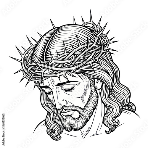 Detailed Line Art of Jesus Christ with Crown of Thorns.