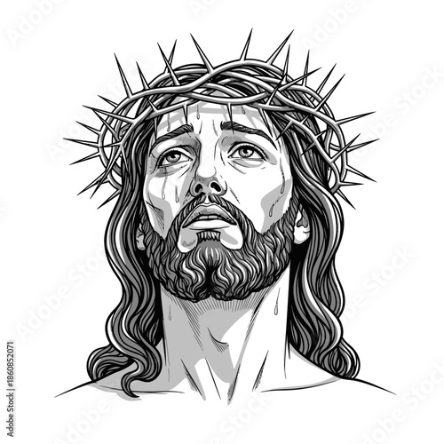 Detailed Portrait of Jesus Christ with Crown of Thorns.