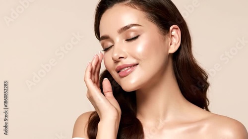 A woman with closed eyes touches her smooth cheek, radiating beauty against a beige backdrop