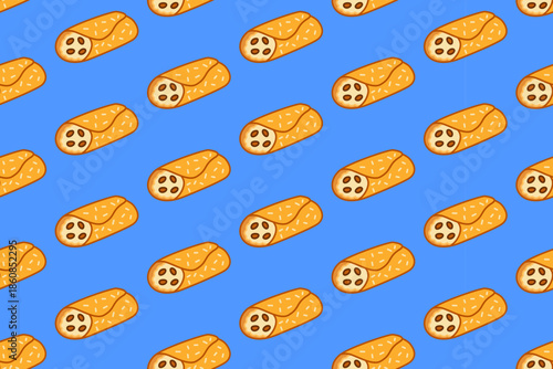 filled cannoli tube colorful doodle seamless pattern on blue background set for restaurant. ricotta cannoli cartoon pattern background for cafes. crispy pastry tube isolated vector motif for dessert