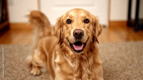 Happy Golden Retriever dog wagging its tail while lying on a cozy carpet indoors