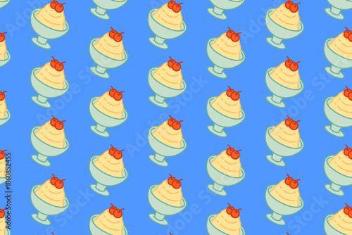 ice cream sundae colorful doodle seamless pattern on blue background set for dessert. cherry topped sundae cartoon pattern background for cafes. whipped cream dessert isolated vector motif for bakery