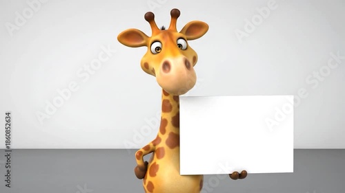 A cartoon giraffe holds a blank white sign against a plain backdrop