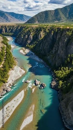 Turquoise River Canyon Aerial View Lush Green Trees Daytime Sunny Sky