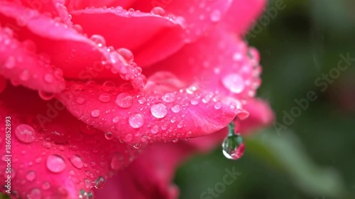 Close-up of vibrant pink rose petals adorned with glistening fresh water droplets and falling rain