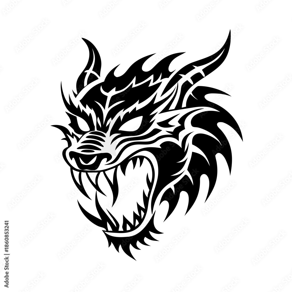 Naklejka premium A striking black and white tribal illustration of a fierce dragon head with intricate details and sharp fangs. 