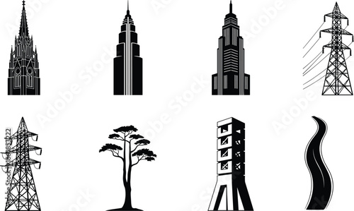 Architectural landmarks and infrastructure silhouettes set, skyscrapers, power towers, abstract forms, black and white vector illustration collection