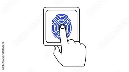 Line drawing of a hand pressing a fingerprint scanner with a blue fingerprint on a white background.