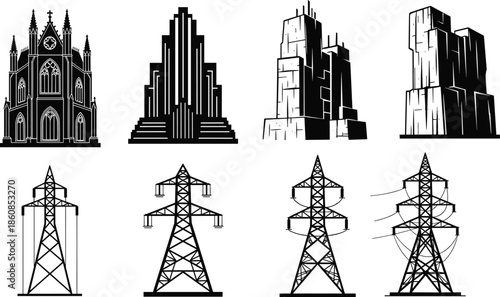 Architectural building silhouettes, transmission tower vector set, black and white infrastructure icons, modern and historic structure illustration, engineering design art