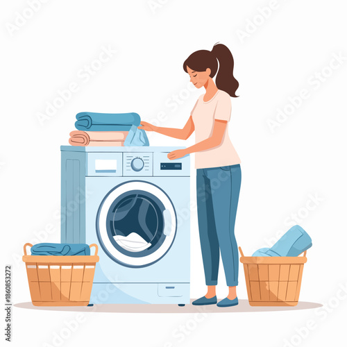 A woman doing laundry beside a washing machine with clean clothes and laundry baskets