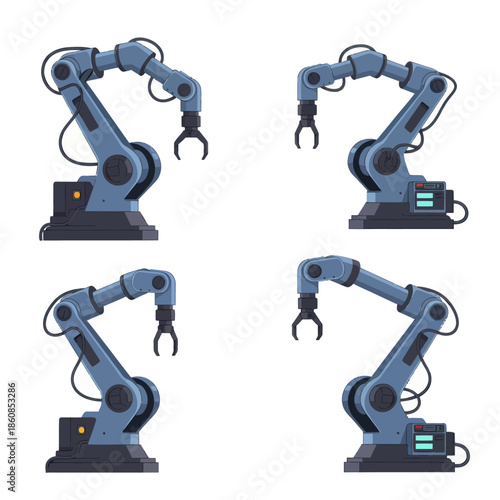 Four industrial robot arms in a symmetrical arrangement showcasing automation and technology.