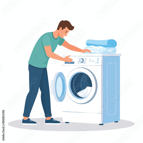 A man loads a washing machine with clothes in a laundry room.