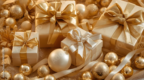 Golden Gift Collection: A luxurious array of meticulously wrapped gift boxes and decorative ornaments exudes an atmosphere of anticipation and joy. The image captures the essence of special occasion