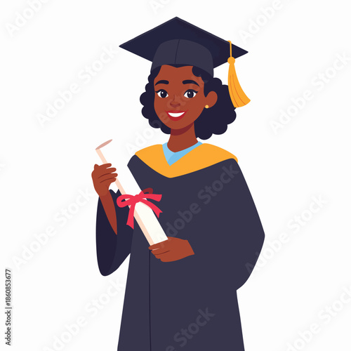 Young graduate holding diploma in gown and cap, standing alone against a white background