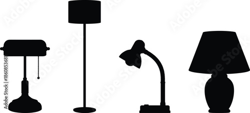 Black lamp silhouettes set, table lamp floor lamp desk lamp modern lighting icons isolated on white background minimal vector illustration
