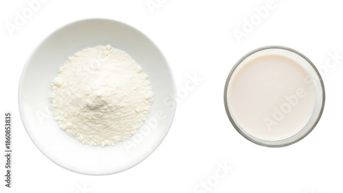 A visual comparison of powdered milk and a glass of prepared milk showcasing different states
