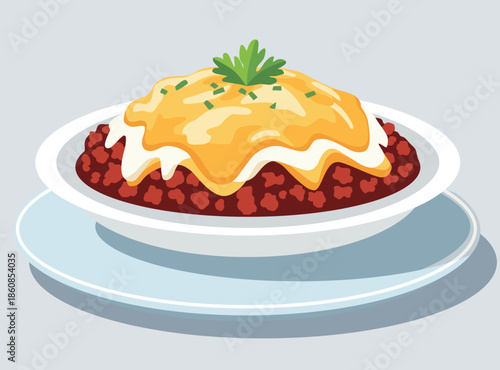 savory beef chili over rice, topped with a rich cheese sauce, diced onions, and parsley