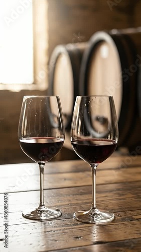 Two Glasses Red Wine Cellar Barrels Soft Light Cinematic Footage