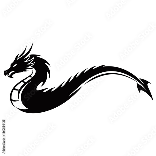 A sleek black dragon silhouette with a long, winding body and sharp features, depicted against a white background.