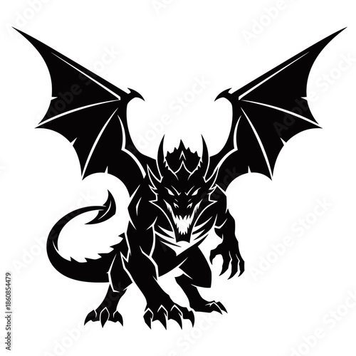Black silhouette of a menacing winged dragon or gargoyle creature with sharp claws, horns, and teeth, in an aggressive pose.