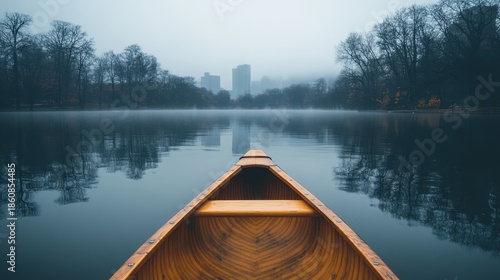 Canoe on misty lake with city skyline reflection in early morning fog
