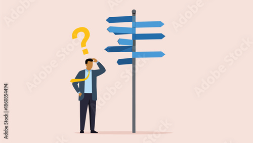 A puzzled businessman scratches his head beneath a floating question mark, overwhelmed by a signpost offering too many conflicting directions