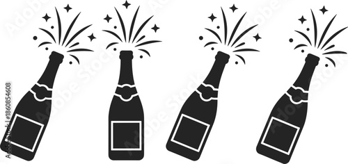 Four black silhouette champagne bottles with exploding corks and sparkling stars on a white background