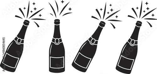 Four black silhouette champagne bottles with exploding corks and sparkling stars on a white background