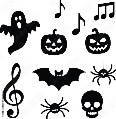 Halloween Music Notes Icons Ghost Pumpkin Bat Spider Skull Treble Clef Keywords: halloween, music, notes, icons, ghost, pumpkin