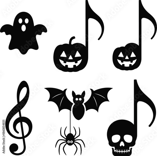 Halloween Music Notes Icons Ghost Pumpkin Bat Spider Skull Treble Clef Keywords: halloween, music, notes, icons, ghost, pumpkin