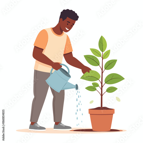 Man watering a potted plant in a serene indoor environment from a sideways viewpoint.