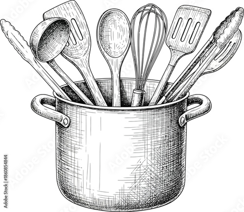 Detailed handdrawn sketch of a stockpot filled with kitchen utensils like a whisk spatula and ladle.
