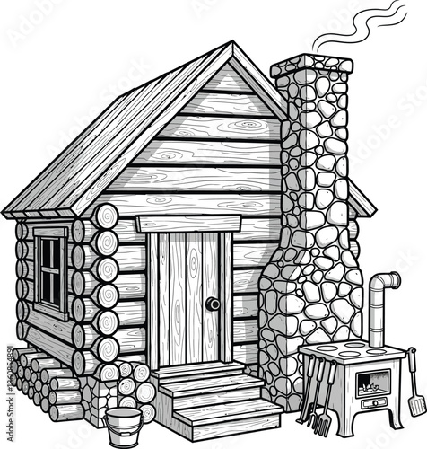Detailed line drawing of a cozy log cabin with a smoking stone chimney and stacked firewood.