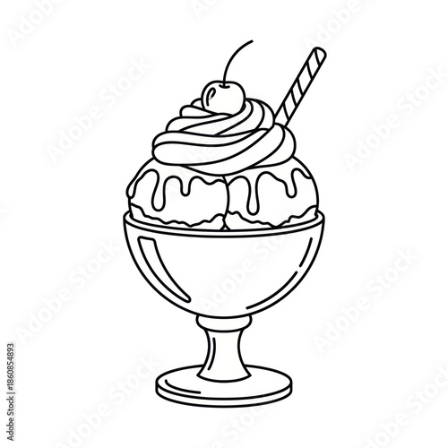 Ice Cream Sundae with Cherry and Wafer Stick Illustration.