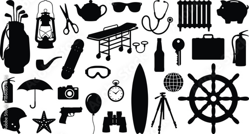 Collection of black silhouette everyday objects icons isolated on white background, vintage tools equipment symbols illustration set for design use
