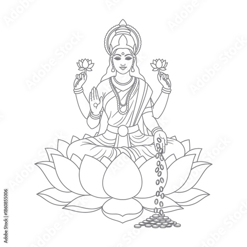 Line Art Depiction of Goddess Lakshmi Seated on Lotus.