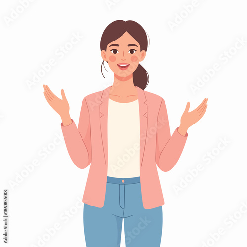 A young woman gesturing with her hands in a questioning manner wearing a pink blazer and blue jeans in an illustration