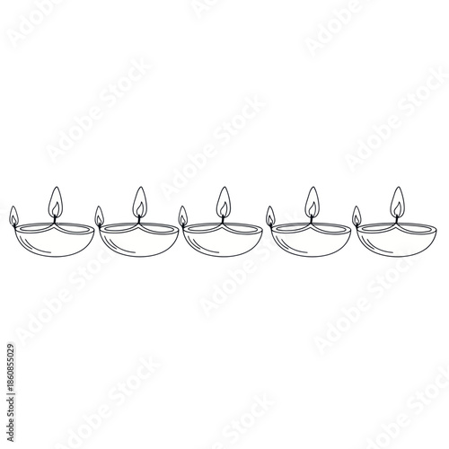 Line Art of Five Lit Oil Lamps for Diwali Decoration.