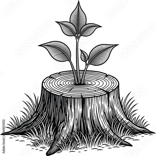 Detailed woodcut illustration of a new sapling with leaves sprouting from a weathered cracked tree stump.