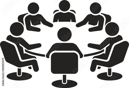 People Sitting Around Round Table Meeting Discussion Icon Symbol White Background group