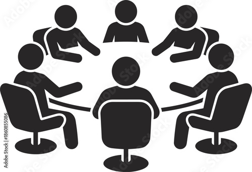 People Sitting Around Round Table Meeting Discussion Icon Symbol White Background group