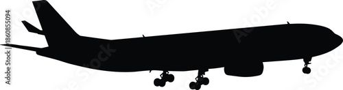 Commercial airplane silhouette isolated on white background, passenger jet aircraft side view, aviation travel transport concept vector illustration