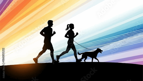 Couple running with dog on hill silhouette against colorful background.