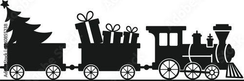 Silhouette Christmas Train with Gifts and Tree on White Background Keywords: Christmas, train, holiday, gift, present, tree