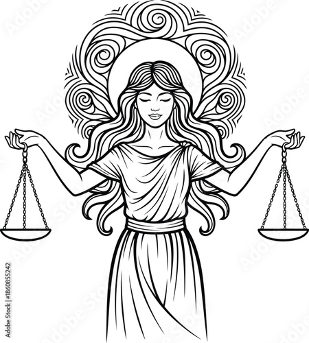 Elegant line art of a serene woman as Libra holding balance scales with an ornate halo.