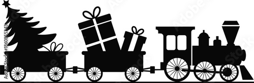 Silhouette Christmas Train with Gifts and Tree on White Background Keywords: Christmas, train, holiday, gift, present, tree