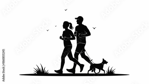 Couple Running With Dog Silhouette Outdoors.