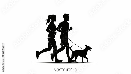Couple Running With Dog Silhouette Vector Illustration.