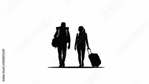 Couple walking with luggage silhouette on white background.